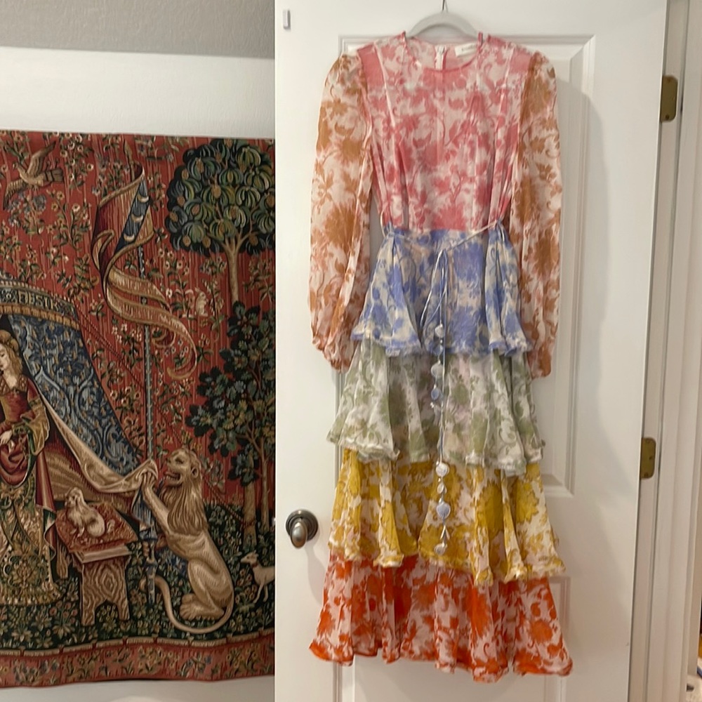 Zimmermann rainbow colored tier dress with matching slip